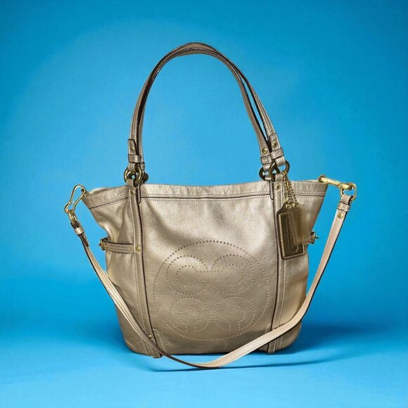 Coach Audrey Andie Tote 17064 Gold Metallic Leather Op Art Convertible Bag + Tag - Picture 1 of 9
